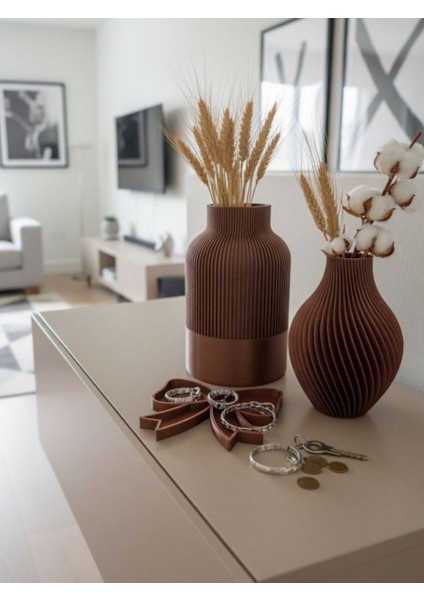 3'lü Set! Spiral Desenli Dekoratif Vazo (2 Adet) ve Fiyonk Organizer - Ev Dekoru Seti