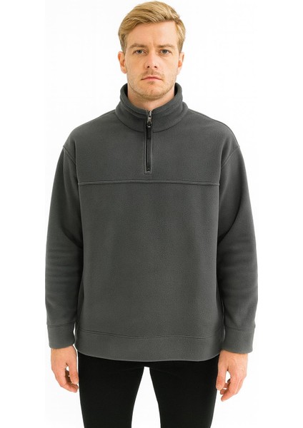 Unisex Relax Fit Rahat Kesim Polar Yarım Fermuarlı Dik Yaka Sweatshirt - 7387