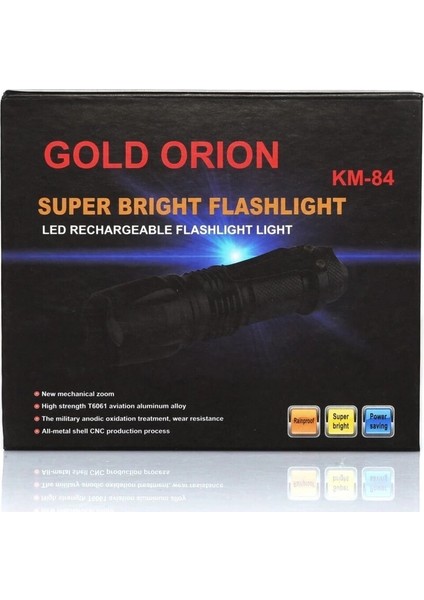 Gold Orion Km-84 Tasarruflu Şarjlı Zoomlu Metal El Feneri Kemer Klipsli indirimleri