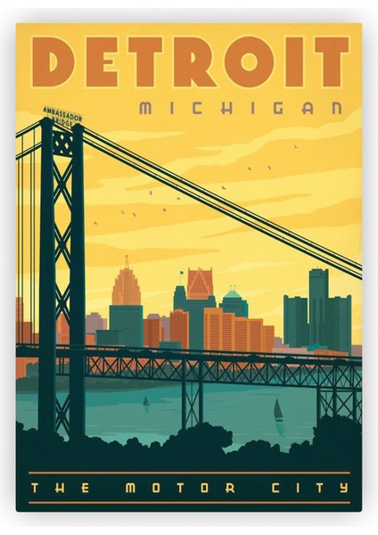 Detroit Michigan The Motor City Ahşap Poster 20X29 cm