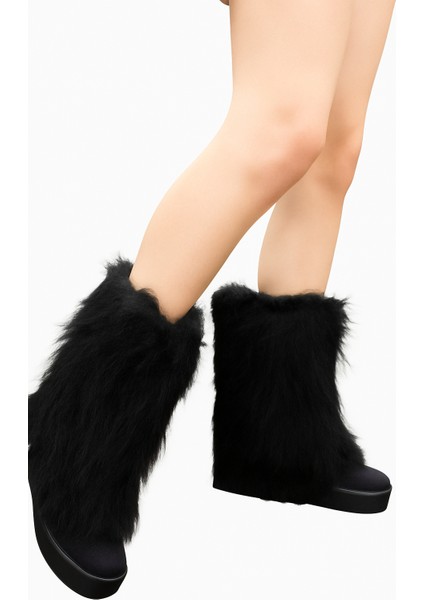 Kadın Tüylü Platform Bot | Kışlık Peluş Detaylı Kalın Taban Bot