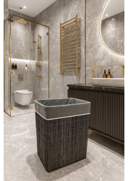 Modern Gri Bambu Tek Bölmeli Çamaşır Sepeti 100 Lt 60X50X35 cm