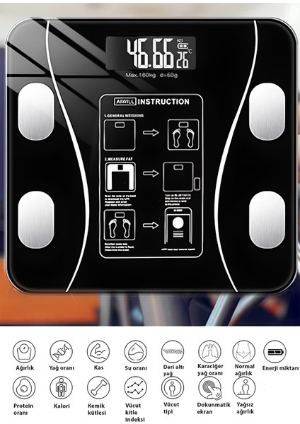 Bluetoothlu Akıllı Dijital Cam Tartı, Hassas Ölçüm, Kalori ve Vücut Analizi indirimleri