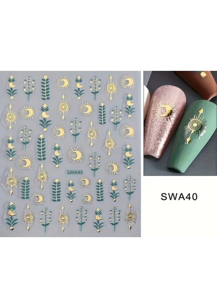 Bohem Tarz Yeşil Gold Tırnak Süsleme Stickerı Nail Art Süslemeleri