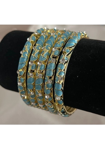 Mineli Taşlı Çiçek Detaylı Mavi Renkli Kelepçe