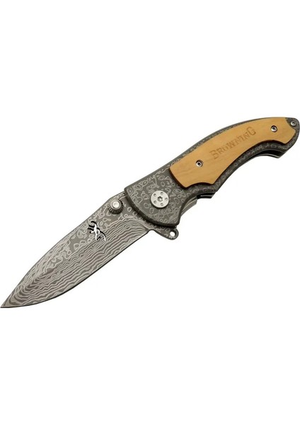Browning 2-31 Damascus Kamp Çakı 19,5cm - Yarı Otomatik, Kemerlikli, Ahşap; Metal Sap