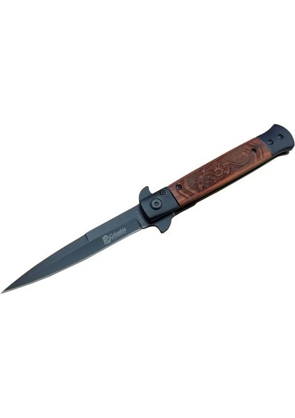 Columbia Fs 902 Siyah Kamp Çakı 23CM- Yarı Otomatik, Ejderha Motifli Ahşap Sap, Kemerlikli