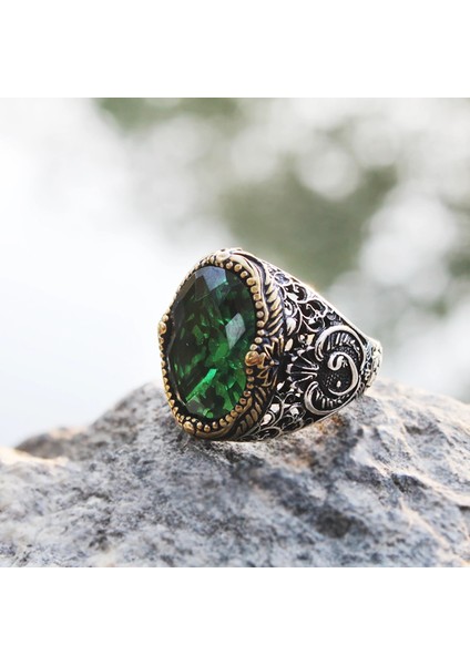 Gümüş Yeşil Zirkon Taşlı Erkek Yüzük modelleri