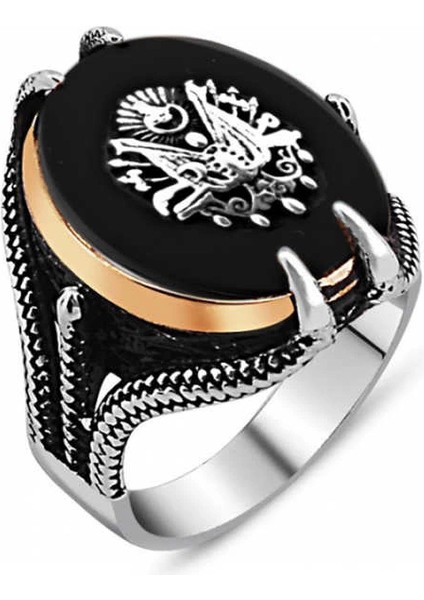 Gümüş Siyah Taşlı Kartal Pençesi Osmanlı Devlet Arması Erkek Yüzük