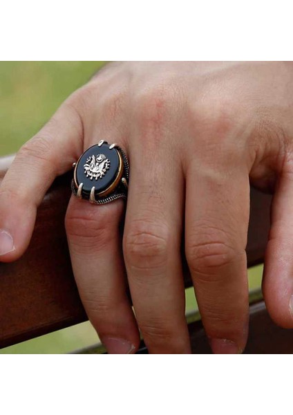 Gümüş Siyah Taşlı Kartal Pençesi Osmanlı Devlet Arması Erkek Yüzük fiyatları