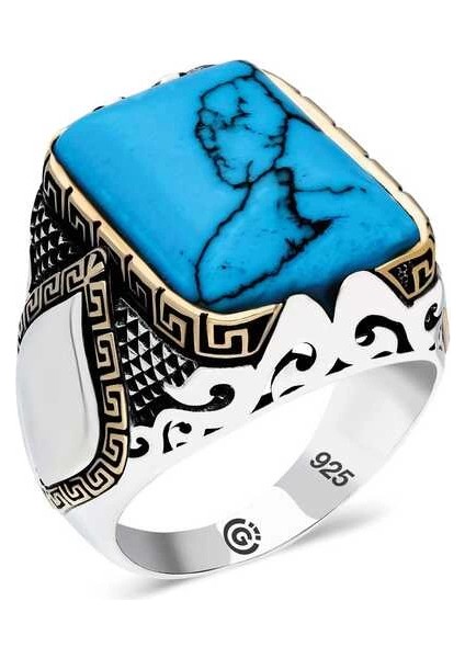 ​gümüş Turkuaz Taşlı Köşeli Erkek Yüzük