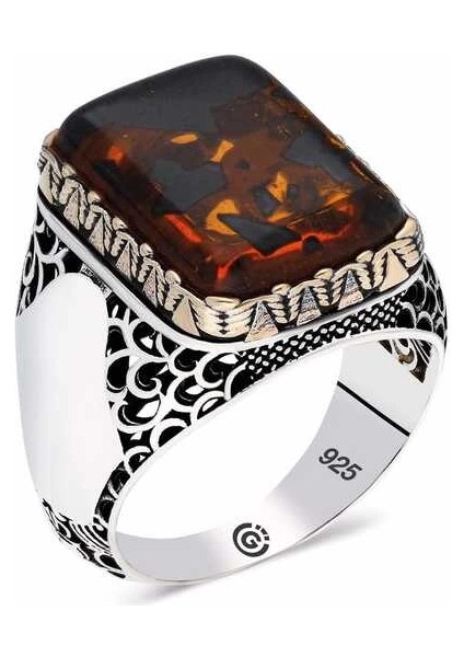 ​gümüş Sıkma Kehribar Taşlı Kare Erkek Yüzük