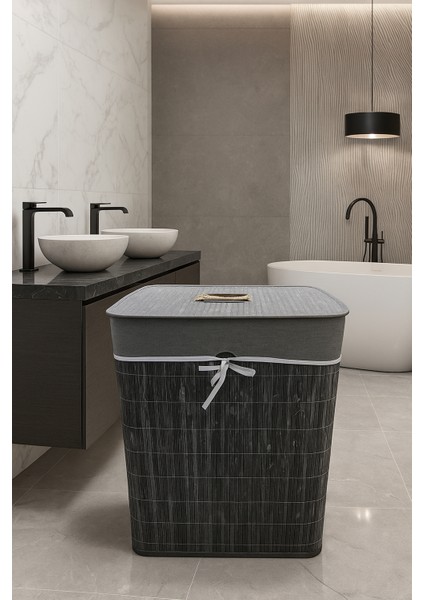 Modern Gri Bambu Tek Bölmeli Çamaşır Sepeti 100 Lt 60X50X35 cm fiyatları