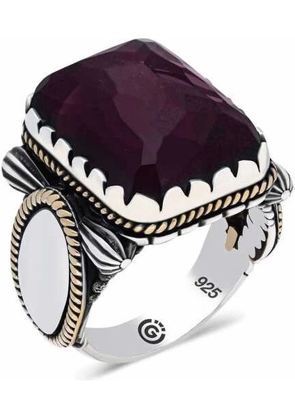 ​gümüş Bordo Taşlı Köşeli Erkek Yüzük