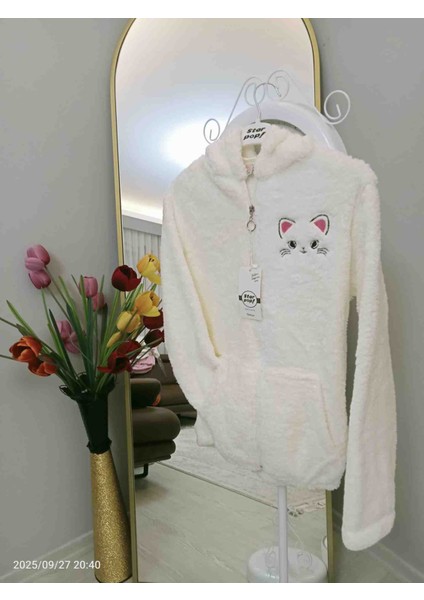 Kız Çocuk Kapşonlu Peluş Hırka Kedili
