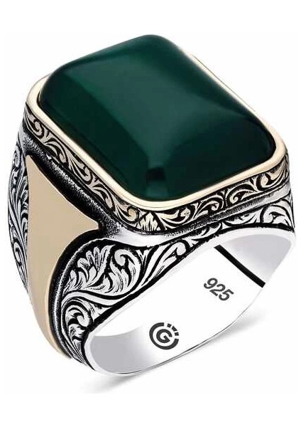 Gümüş Desenli Yeşil Akik Taşlı Kare Erkek Yüzük