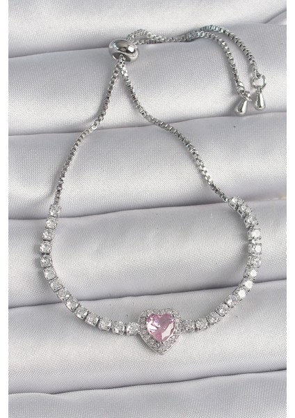 Pirinç Gold Renk Su Yolu Zirkon Taşlı Pembe Zirkon Taşlı Kalp Asansör Model Charm Kadın Bileklik - TJ-BB6649