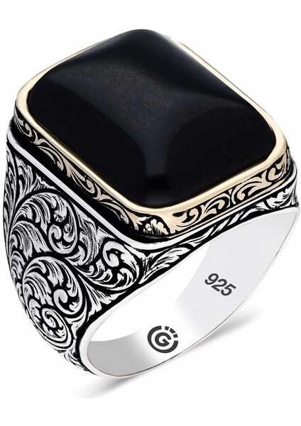 ​gümüş Desenli Siyah Zirkon Taşlı Kare Erkek Yüzük