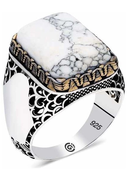 ​gümüş Beyaz Havlit Taşlı Kare Erkek Yüzük