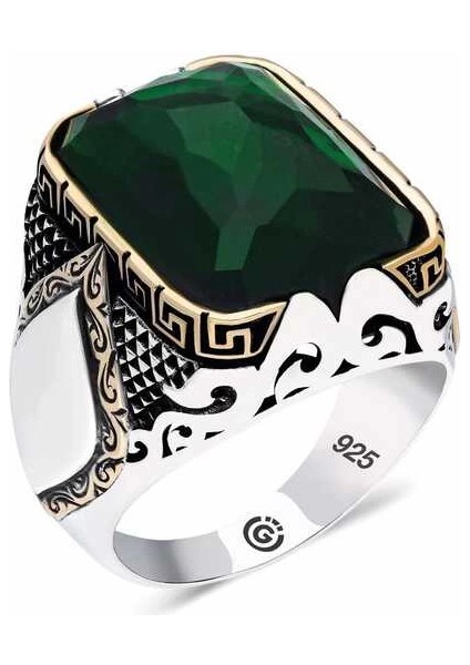 Gümüş Zirkon Yeşil Taşlı Kare Erkek Yüzük