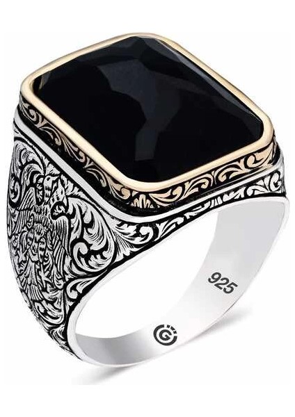 Gümüş Zirkon Siyah Taşlı Kare Erkek Yüzük