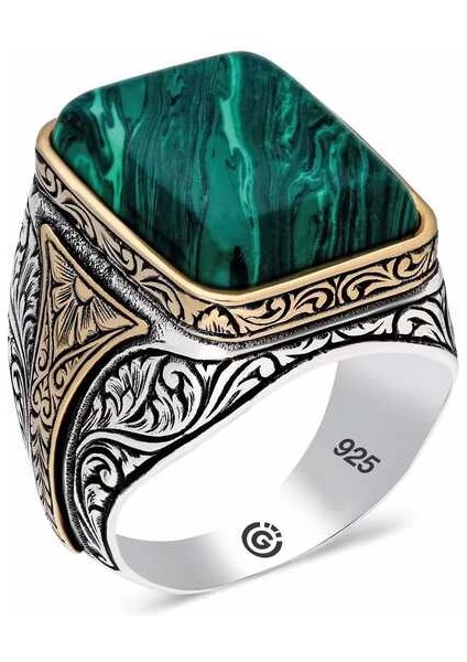 Gümüş Desenli Malahit Taşlı Kare Erkek Yüzük