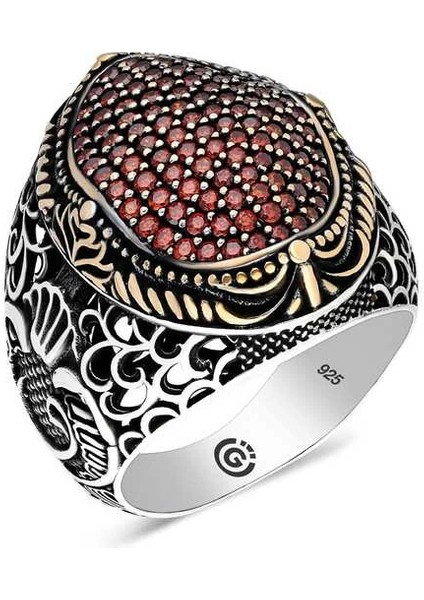 Gümüş Kırmızı Zirkon Taşlı Oval Erkek Yüzük