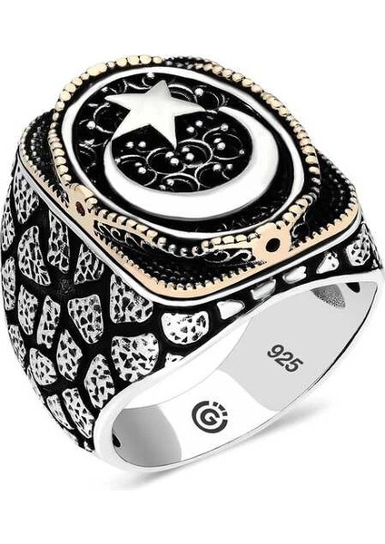 Gümüş Ay Yıldız Oval Erkek Yüzük