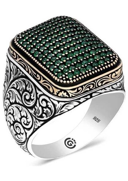 Gümüş Yeşil Zirkon Taşlı Kare Erkek Yüzük