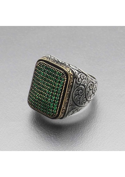 Gümüş Yeşil Zirkon Taşlı Kare Erkek Yüzük modelleri
