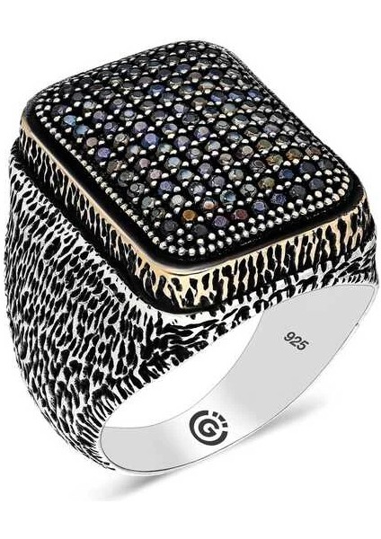 Gümüş Siyah Zirkon Taşlı Kare Erkek Yüzük