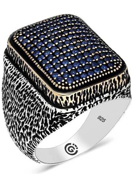 Gümüş Lacivert Zirkon Taşlı Kare Erkek Yüzük