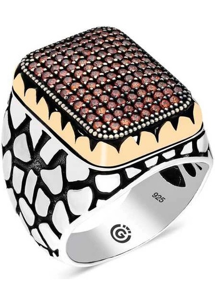 Gümüş Kırmızı Zirkon Taşlı Kare Erkek Yüzük
