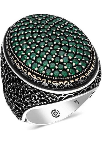 Gümüş Yeşil Zirkon Taşlı Oval Erkek Yüzük