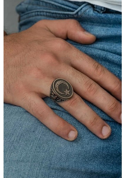 Gümüş Göktürkçe Alfabesi Yazılı Ay Yıldız Erkek Yüzük fiyatları
