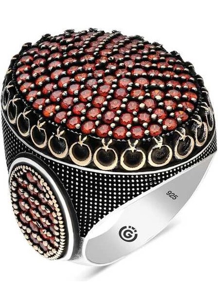 Gümüş Kırmızı Zirkon Taşlı Oval Erkek Yüzük