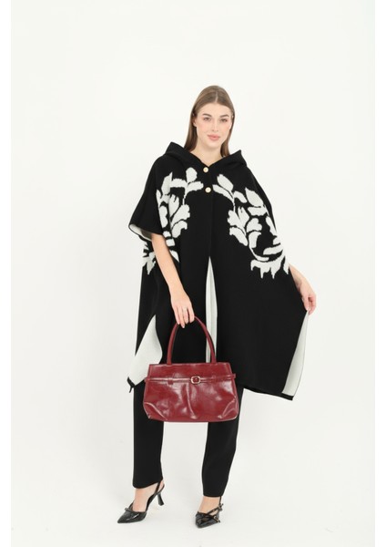 Kadın Teddy Gold Düğmeli Kapşonlu Yırtmaçlı Şal Panço Hırka