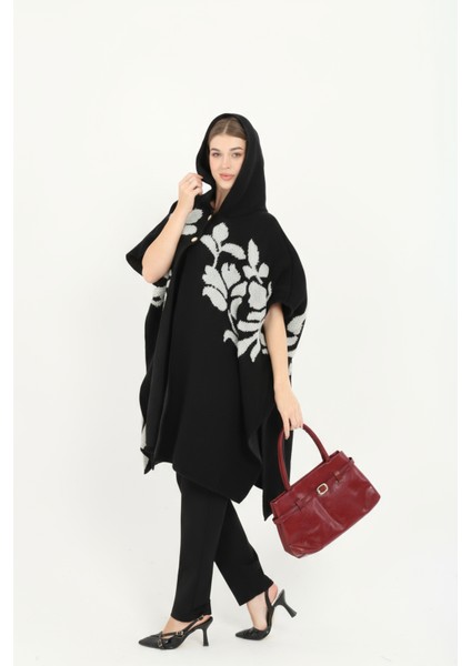 Kadın Teddy Gold Düğmeli Kapşonlu Yırtmaçlı Şal Panço Hırka