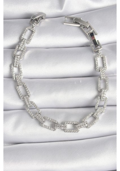 Pirinç Gümüş Renk Zirkon Taşlı Zincir Model Vıp Seri Kadın Bileklik - TJ-BB6493