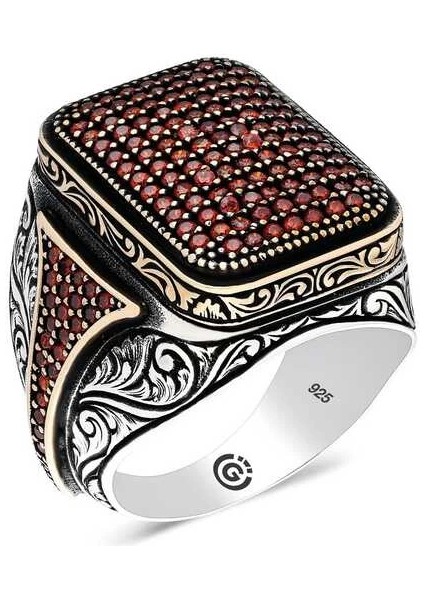 Gümüş Kırmızı Zirkon Taşlı Kare Erkek Yüzük