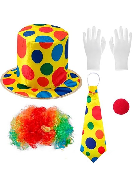 Renkli Palyaço Kostüm Seti – 5 Parça Aksesuar (Şapka, Peruk, Kravat, Eldiven, Burun)
