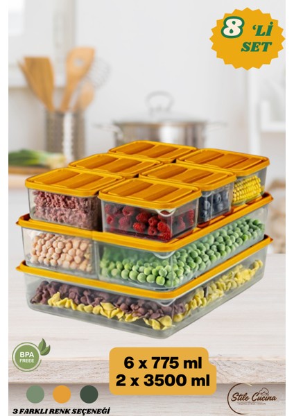 8'li Buzdolabı Düzenleyici Organizeri Mikrodalgaya Uygun Difriz Saklama Kabı (2X3500ML)(6X775ML)