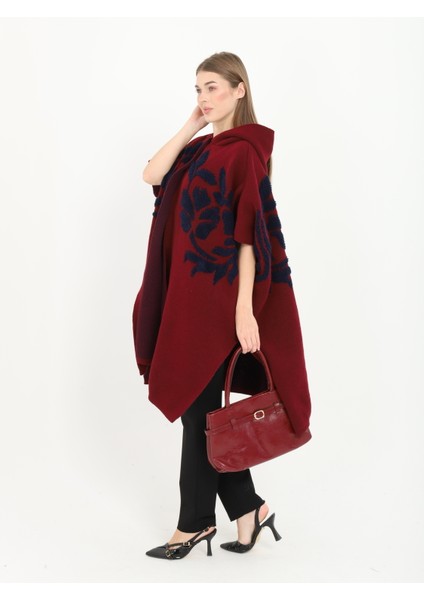 Kadın Teddy Gold Düğmeli Kapşonlu Yırtmaçlı Şal Panço Hırka