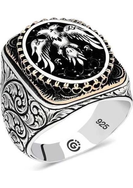 Gümüş Çift Başlı Kartal Oval Erkek Yüzük