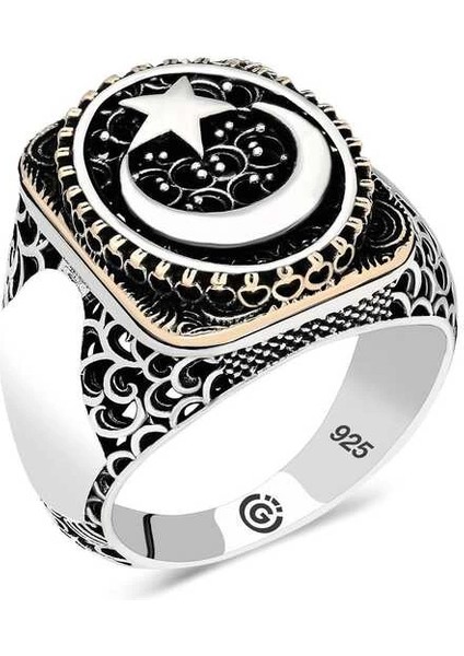 Gümüş Ay Yıldız Oval Erkek Yüzük