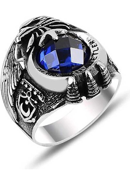Gümüş Ayyıldız Deniz Kuvvetleri Mavi Taşlı Erkek Yüzük modelleri