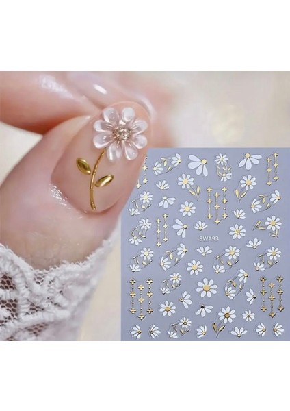Beyaz Gold Çiçekli Tırnak Süsleme Stickerı Nail Art Süslemeleri