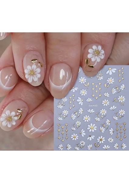 Beyaz Gold Çiçekli Tırnak Süsleme Stickerı Nail Art Süslemeleri modelleri