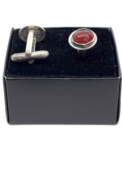 Yuvarlak Kesme Akik Taşı Gümüş Kol Düğmesi