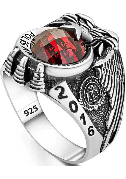 Gümüş Polis Akademisi Kırmızı Taşlı Erkek Yüzük modelleri